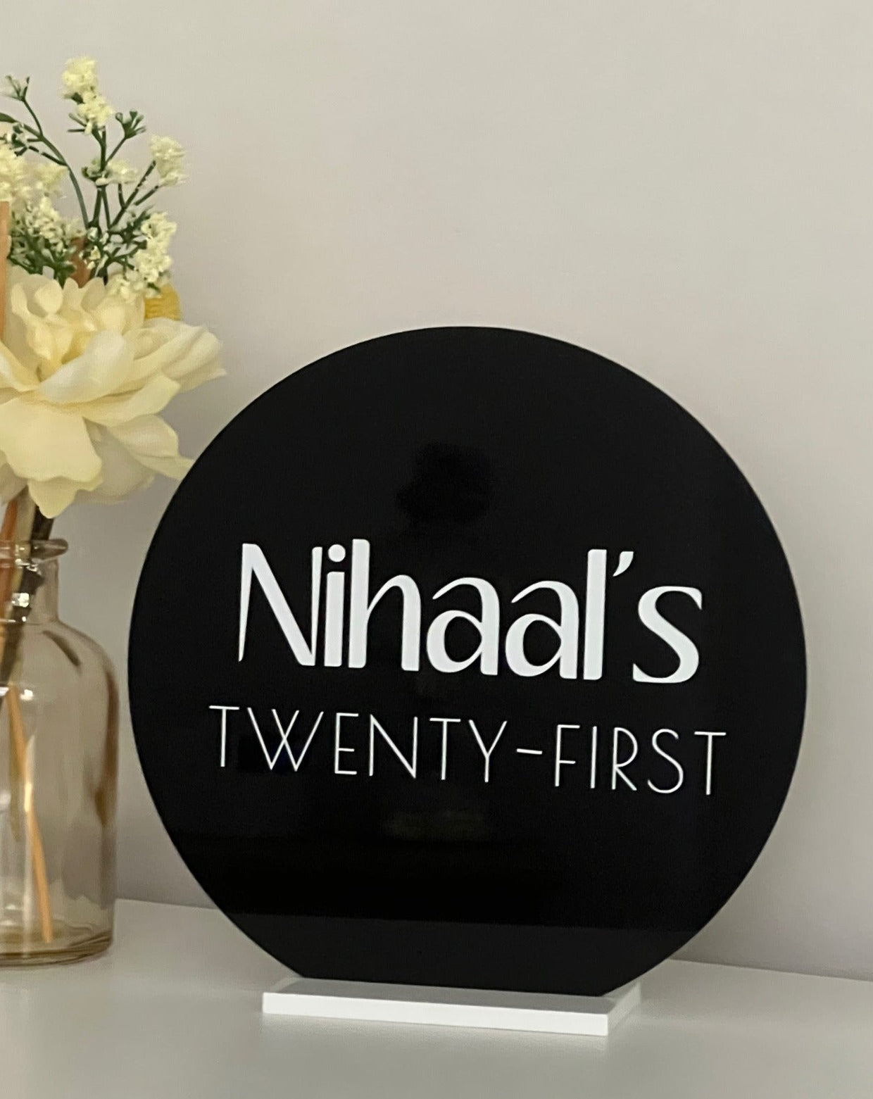 20cm Circle | Black Acrylic | White vinyl wording | White Acrylic Stand