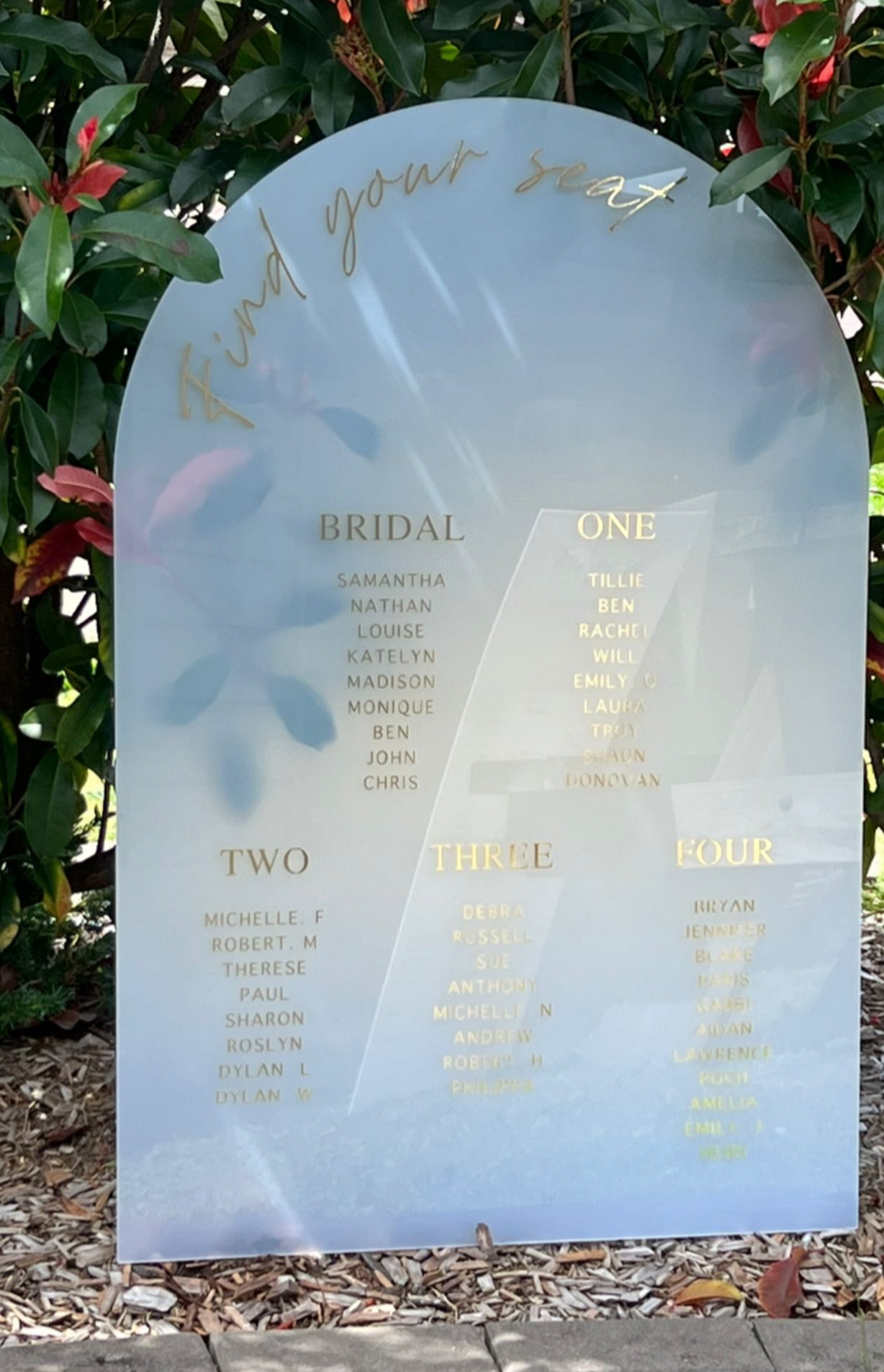 A1 Arch | White Frosted Acrylic | Metallic Gold Vinyl Wording