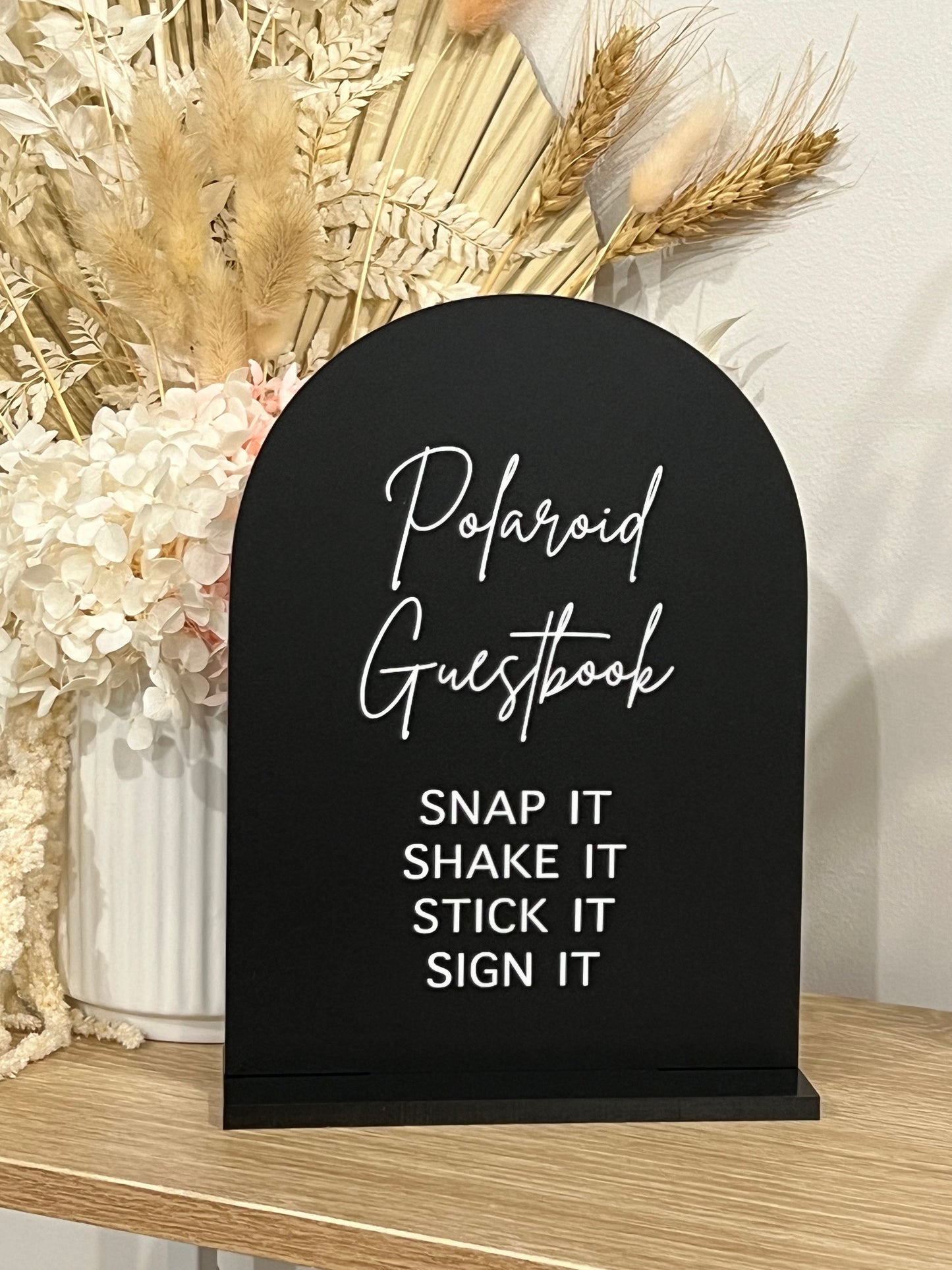 A5 Arch | Black Acrylic | Black Acrylic Stand | White Vinyl Wording