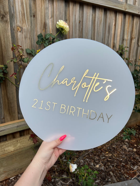 40cm Circle | White Frosted Acrylic | Metallic Gold Wording