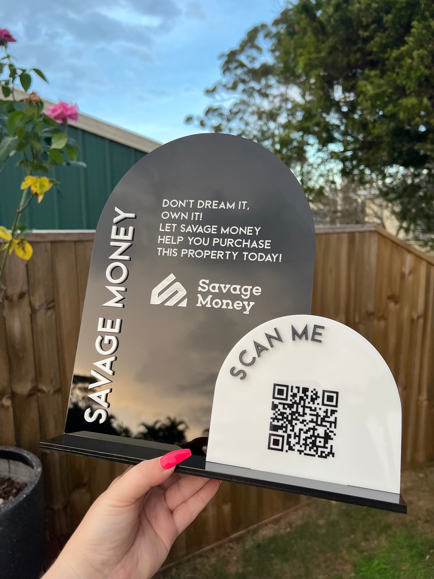 Gloss Black A4 Arch with 3D wording and Flat wording in White | Small White Acrylic Arch with 3D Black wording and flat QR Code in Black | Black Acrylic Stand