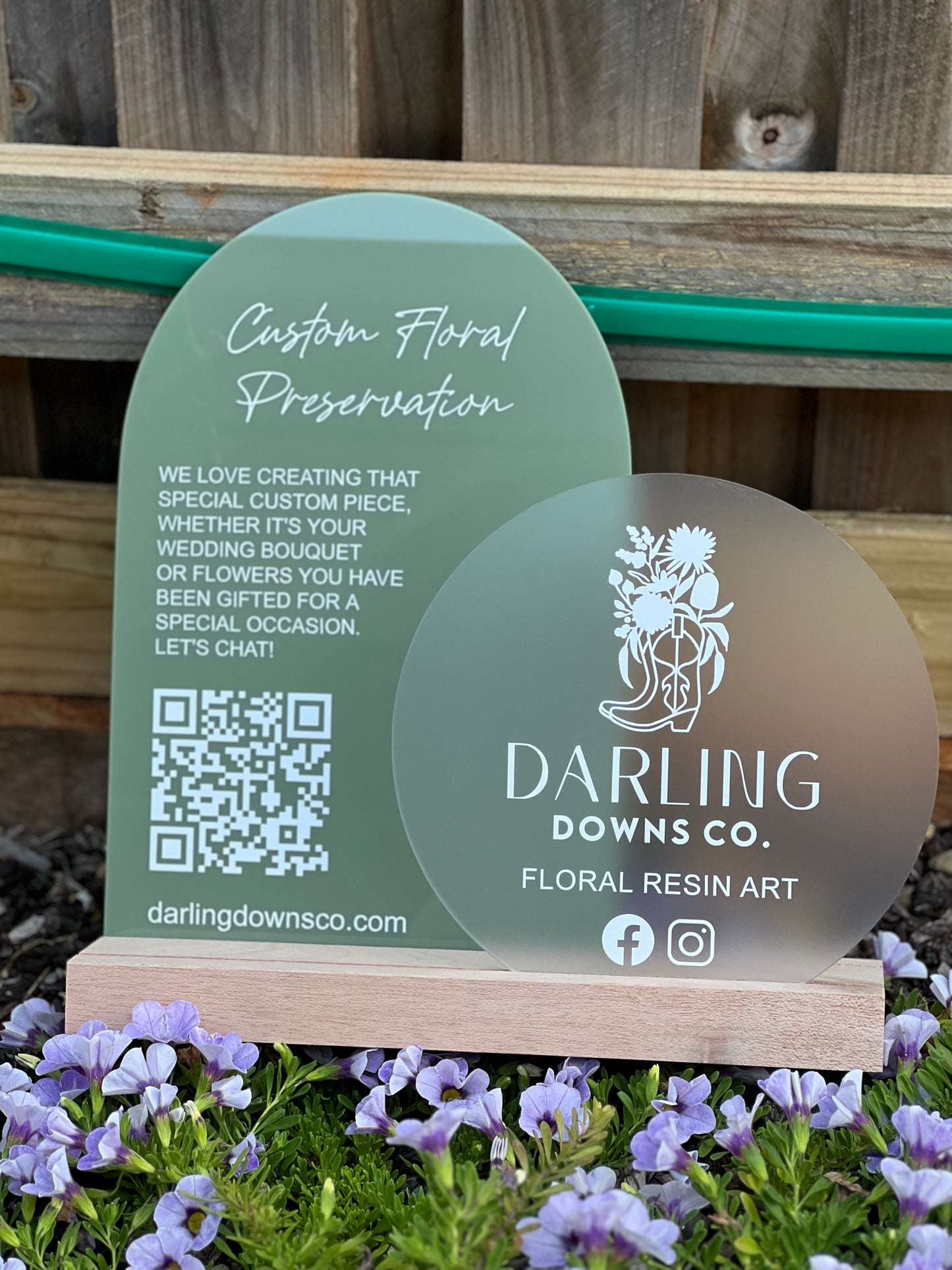 Olive Acrylic A4 Arch | Frosted Acrylic 20cm Circle | Timber Stand | White Vinyl Wording