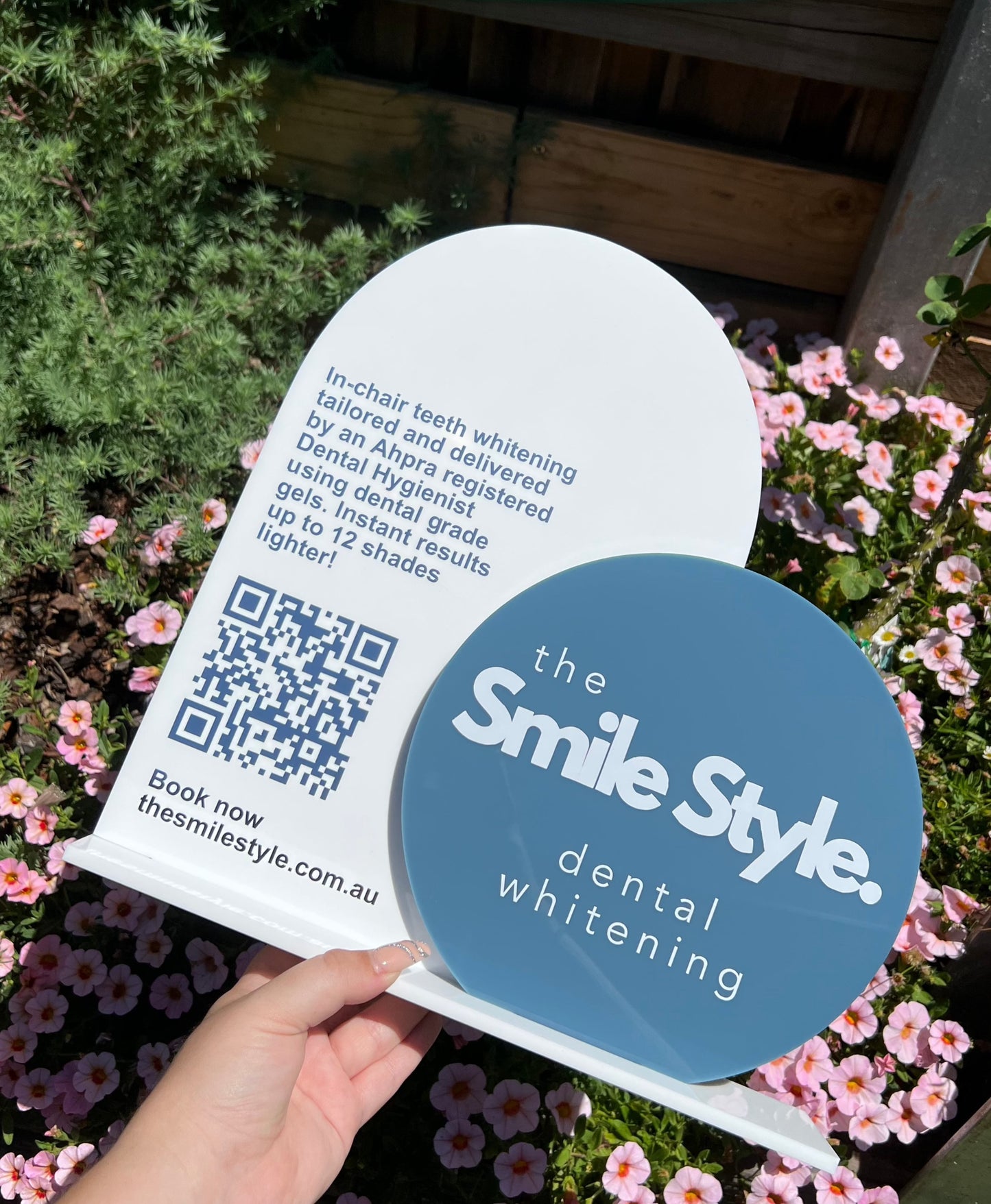 White Acrylic A4 Arch + Silver Vinyl Wording | BlueStone Acrylic 20cm Circle + White Vinyl Wording | White Acrylic Stand
