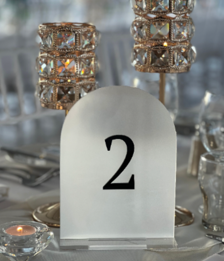 A5 Arch | White Frosted Acrylic | Black Acrylic Number | Clear Acrylic Stand