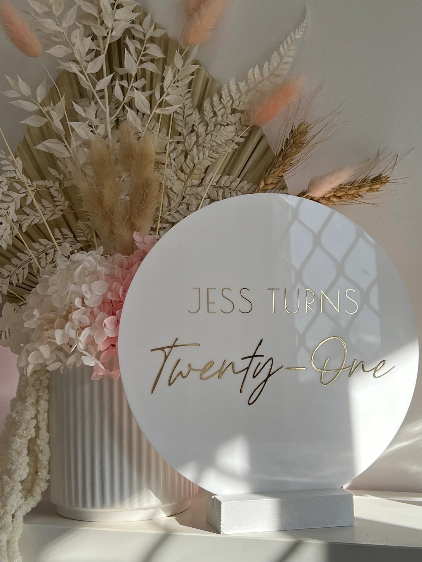 20cm Circle | White Acrylic | Gold vinyl wording