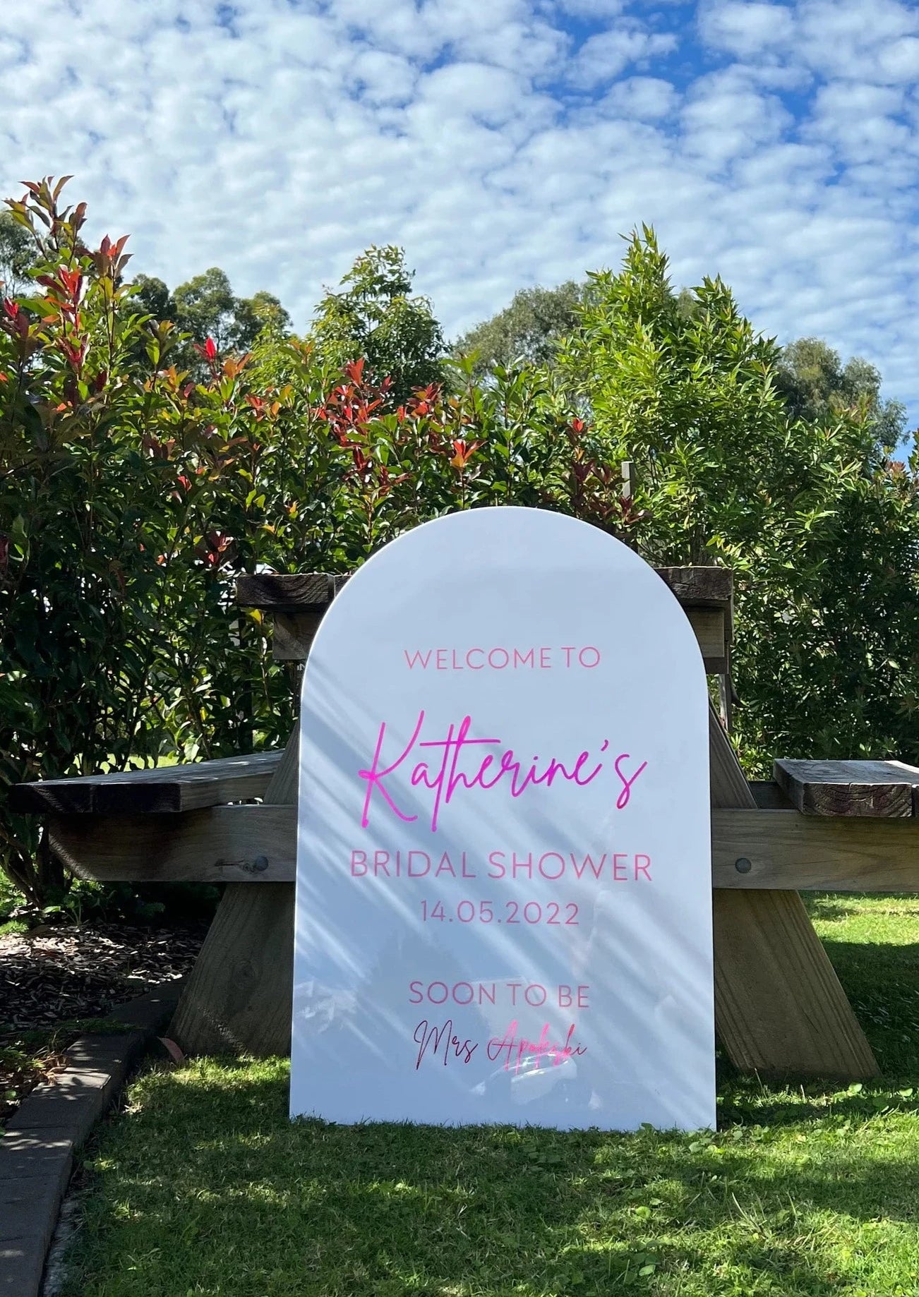 A1 Arch | White Acrylic | Pink Metallic Vinyl Wording