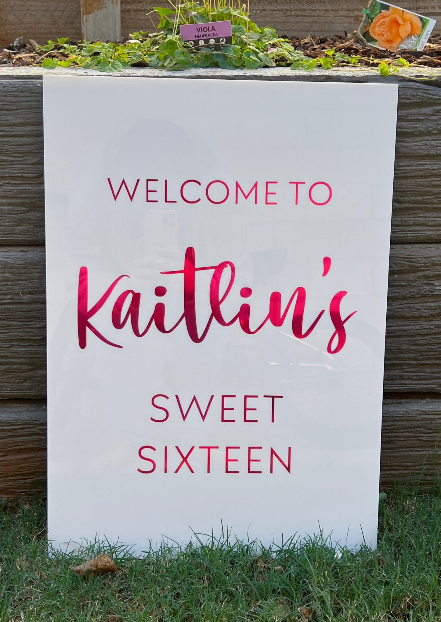 A2 Rectangle | White Acrylic | Metallic Pink Vinyl Wording