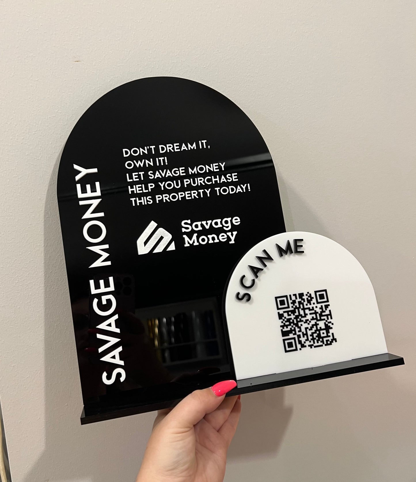 Gloss Black A4 Arch with 3D wording and Flat wording in White | Small White Acrylic Arch with 3D Black wording and flat QR Code in Black | Black Acrylic Stand