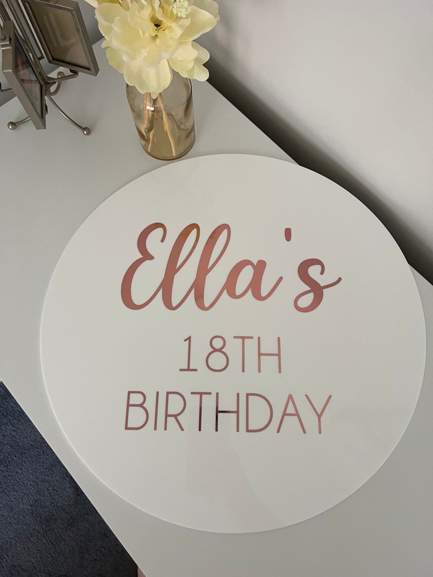 40cm Circle | White Acrylic | Rose Gold Vinyl Wording