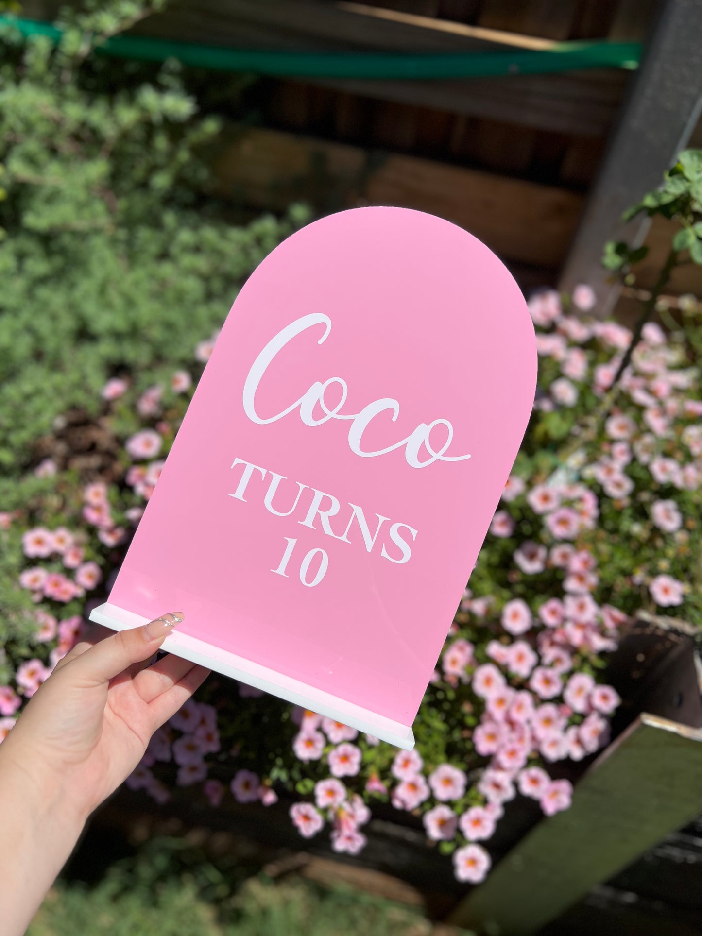 A4 Arch | Pink Acrylic | White Vinyl wording | White Acrylic Stand