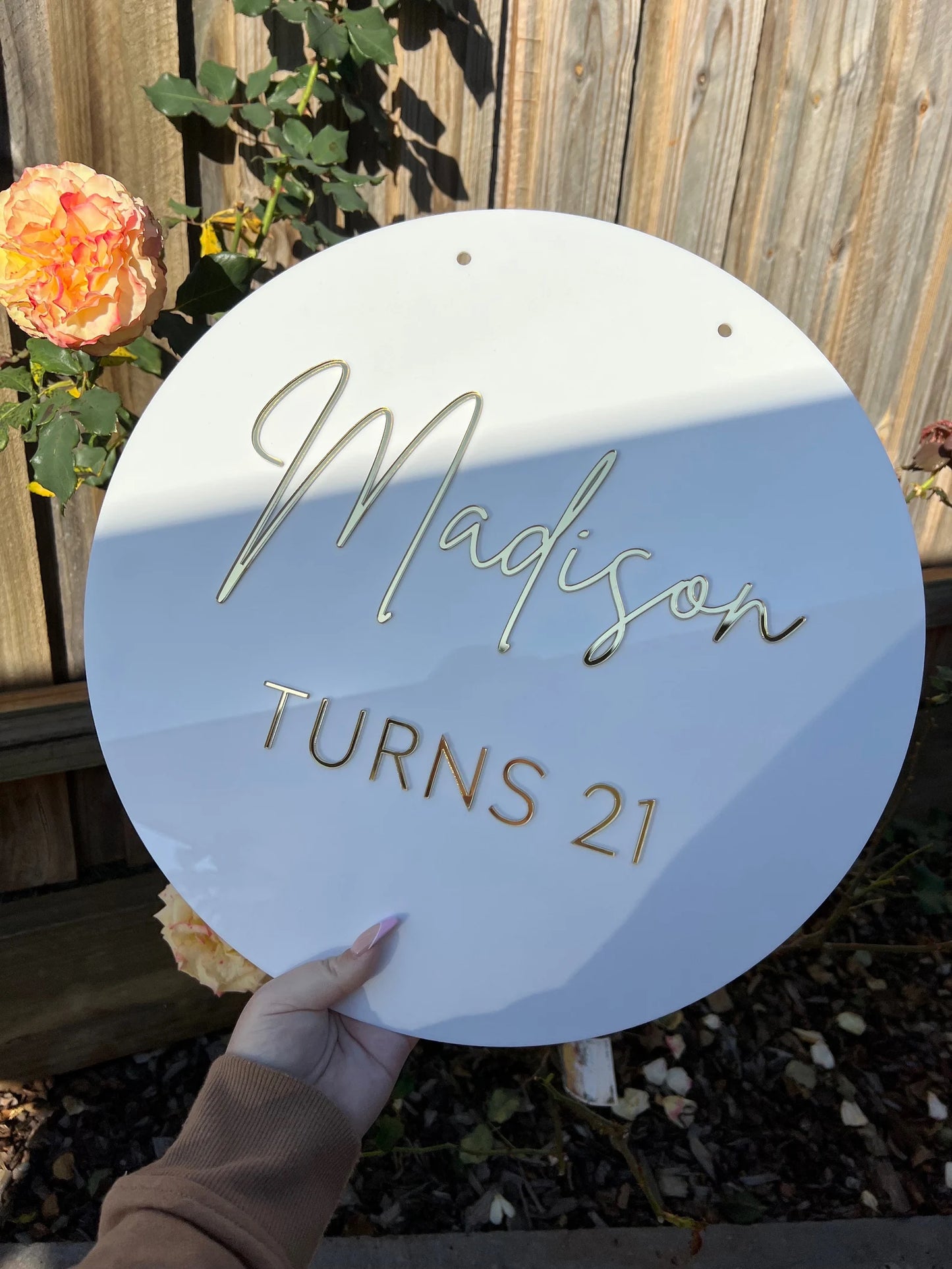 40cm Circle + Hanging Holes | White Acrylic | Gold Wording